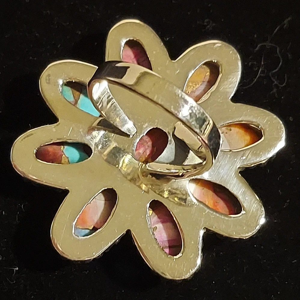 New Sterling Silver Large Flower Adjustable Ring in Pink Spiny Turquiose Dalia - Picture 8 of 8